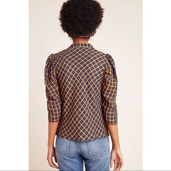 NEW Anthropologie Eva Franco Textured Plaid Puff-Sleeve Buttondown Blouse Size 0 - Picture 3 of 4